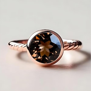 Beautiful Round Smokey Quartz Solitaire Wedding Bridal Engagement 14k Rose Gold 925 Silver Ring Birthday Gift Proposal Ring Graduation Gift