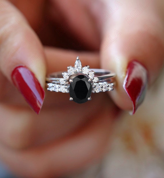 Oval 8x6mm Natural Black Onyx Engagement Ring Set, Christmas Gift