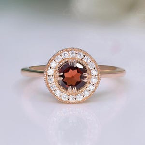 Beautiful Round Red Garnet Halo Dainty Wedding Bridal Engagement 14k Rose Gold 925 Silver Ring Birthday Gift Proposal Ring Graduation Gift