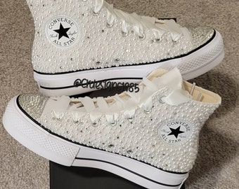 Women Swarovski and Rhinestone All-Star High-Top Lift Platform Converse, Women Wedding Rhinestone Shoes, Women Birthday Rhinestone Shoes