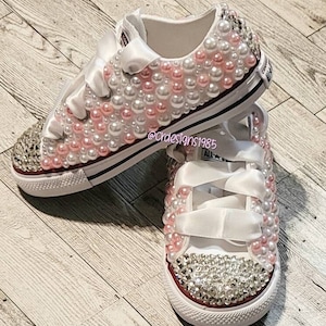 All-Star Low Top Girl Pearl Converse, Girl Christening Converse, Bling Converse, Christening Shoes, Birthday Bling Converse, Pink Bling Shoe