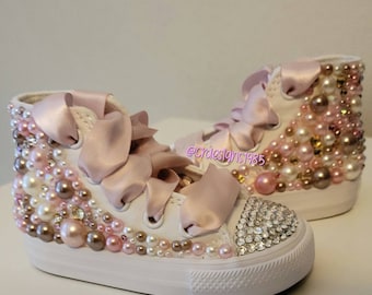 Toddler Girls Pink Pearl Rhinestone Converse, Special Occasion Shoes