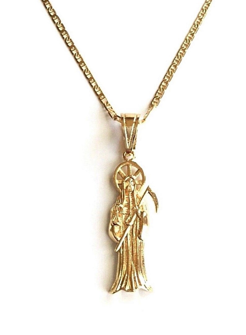Gold Santa Muerte Grim Reaper Pendant Necklace