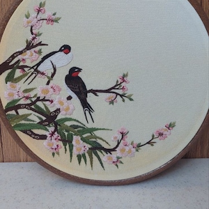 Swallows in Bloom: Hand-Embroidered Hoop Art with Blossoming Tree Branch