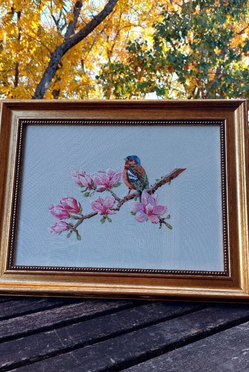 Finished Bird on Magnolia Branch Handmade Embroidery Frame Etsy