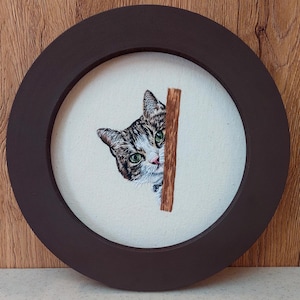 Hand-Embroidered Cat Peeking Behind Wooden Post | Realistic Kitty Hoop Art | Handmade Gift for Cat Lovers