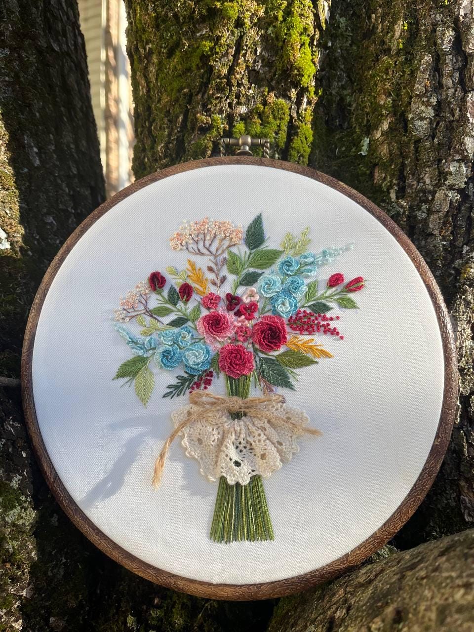 Flower Bouquet Hand-embroidered Hoop Art With Ribbon Tie - Etsy