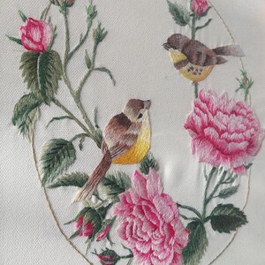 Handmade Framed Embroidery: Birds on Peony Branch (30cm x 25cm)