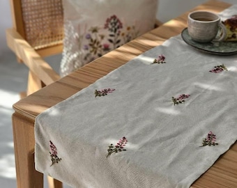 Caminho de mesa de linho bordado à mão com trigo - Decoração floral rústica 40 x 130 cm Bordado artesanal