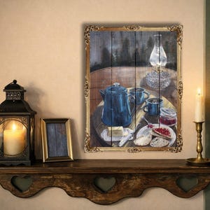 Rustic Coffee & Lamp Art Print: Farmhouse Ranch Decor