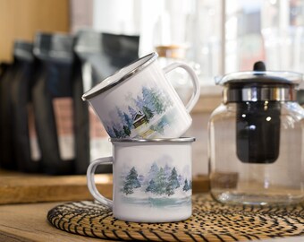 Winter Water Color mug, art on cups, cups with art, water color designs, Christmas cup, camp cups, metal rustic camp cups, pine tree cup