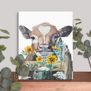 Moo Cow canvas print, farmhouse wall décor, baby cow with sunflowers, cute cow art, kitchen art, living room décor, rustic canvas art, cow