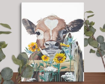 Cow with Sunflowers Canvas Print: Rustic Farmhouse Wall Art