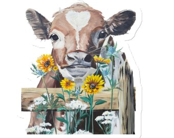Moo Cow Magnet, cute cow with daisy flowers fridge décor, farmhouse fridge décor, baby cow magnet with wild flowers, Rustic magnets, cow