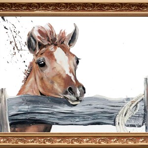 May include: A framed watercolor painting of a brown and white horse peering over a gray wooden fence. The horse has a white blaze and a brown mane. The frame is gold with ornate detailing.