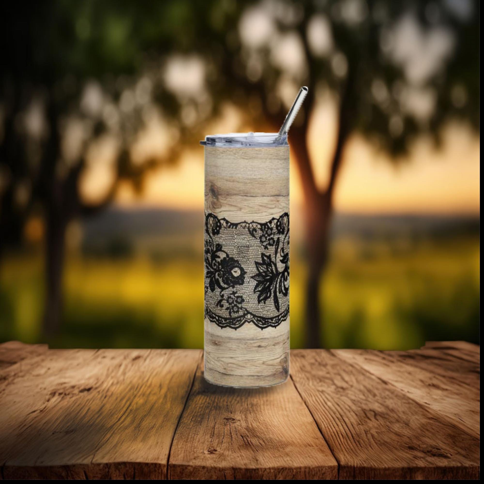 Rustic Lace Tumbler, vintage style cup, Elegantly rustic design tumbler, metal tumbler for hot and cold drinks, unique tumbler for on the go
