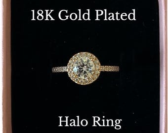 Elegant 18k Gold Plated 1.0ct White Sapphire Halo Ring Size 7