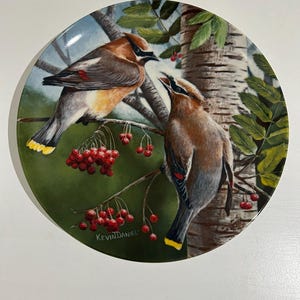 May include: A ceramic plate featuring a painted image of two cedar waxwings perched on a branch with red berries. The plate is signed "Kevin Daniel".