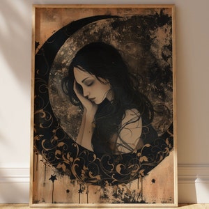 Enchanting Celestial Moon Art Print For Room Decor Vintage-Inspired Dark Academia Dark Cottagecore Night Sky Painting Moon Art Print