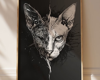 Sphynx Cat Print, Gothic Home Decor, Hairless Cat Wall