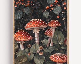 William Morris Inspired, Dark Cottagecore Decor, Gothic Botanical Art Prints, Mushroom Art, Goth Gift, Wall Art Gallery, Dark Moody Art