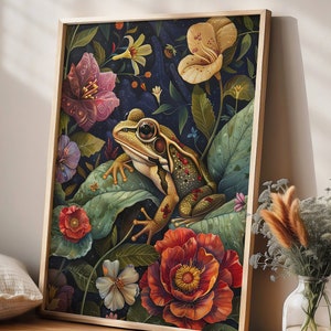 William Morris Inspired Frog Wall Art Print, Vintage Farmhouse Cottagecore Dark Academia Decor, Mid Century Botanical For Room Decor