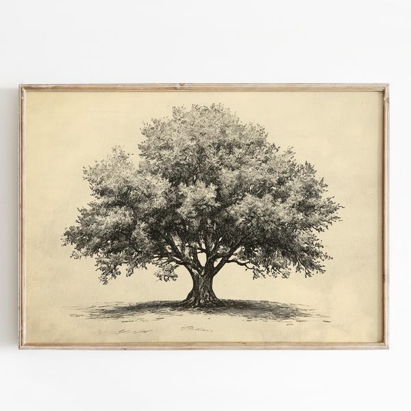 Impresión de boceto de árbol vintage, decoración de granja, arte mural de árboles, arte mural de árboles antiguos, arte mural en tonos azules, arte mural de naturaleza, dibujo de árboles a lápiz
