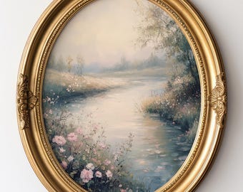 Vintage English Countryside Cottage Painting, Country Farmhouse Wall Art, Natural Landscape, Moody Landscape, Rustic Countryside