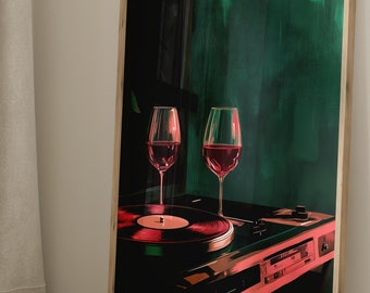 May include: A framed print of a still life featuring two glasses of red wine and a vintage record player with a red vinyl record on the turntable. The background is a dark green with brushstrokes.
