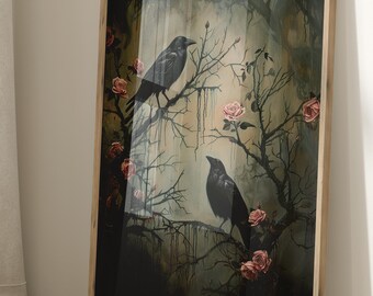 Dark Academia Raven Crow Moody Wall Art Print Vintage Dark Cottagecore Decor Painting Gothic Decor Artwork Vintage Art, Goth Gift PRINT ONLY