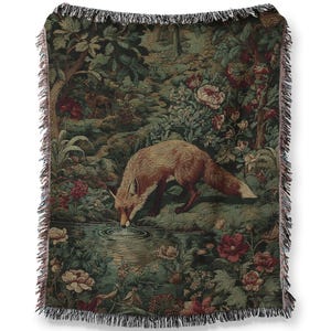 Enchanted Forest Woven Cotton Blanket, Nature Tapestry, Woodland Cozy Throw, Throw Blanket, English Country Garden Wall Hanging - Home Decor image 1