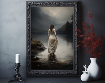 Walking Into The Lake - Dark Academia Print, Moody Victorian Wall Art, Dark Decor Aesthetic, Dark Cottagecore, Gothic Prints