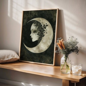 Enchanting Celestial Moon Art Print For Room Decor Vintage-Inspired Dark Academia Dark Cottagecore Night Sky Painting Moon Art Print