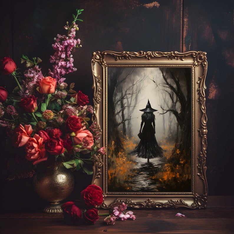 The Witch Twilight Dark Forest, Vintage Gothic Wall Art Print, Dark Academia Witchy Halloween Poster Gift, Halloween Gift image 2