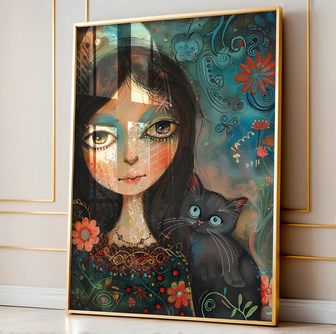Cat Art, Whimsical Girl With Cat Art Print, Colorful Decor, Kids and ...