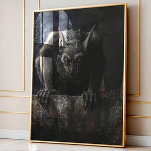 May include: A dark, shadowy gargoyle with glowing red eyes peers out from a window. The gargoyle is perched on a stone ledge, with a cityscape visible in the background.