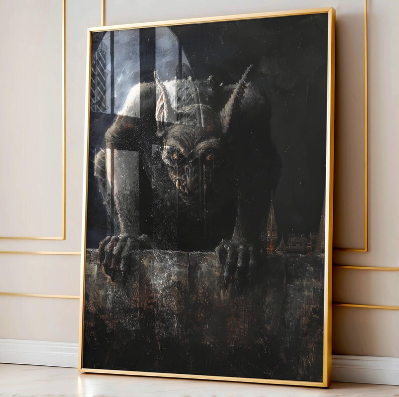 May include: A dark, shadowy gargoyle with glowing red eyes peers out from a window. The gargoyle is perched on a stone ledge, with a cityscape visible in the background.