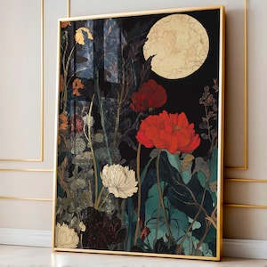 Moody Wall Art, decorazione Dark Academia, stampa artistica botanica ispirata a William Morris Moon Eclipse, decorazione Dark Cottagecore, decorazione Moody