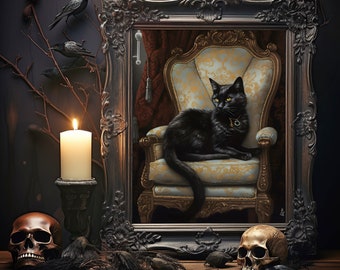Impresión de gato negro, póster vintage, Dark Academia, gótico victoriano, arte de gato negro, decoración de brujas, impresión de póster artístico, descarga digital