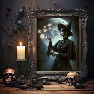 Enchanting Celestial Moon Art Print - Vintage-Inspired - Dark Academia, Dark Cottagecore, Night Sky Painting, Moon Art Print