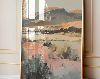 Paisaje occidental moderno de mediados de siglo, decoración retro colorida, decoración rústica texana, arte mural abstracto moderno, pintura de naturaleza del suroeste