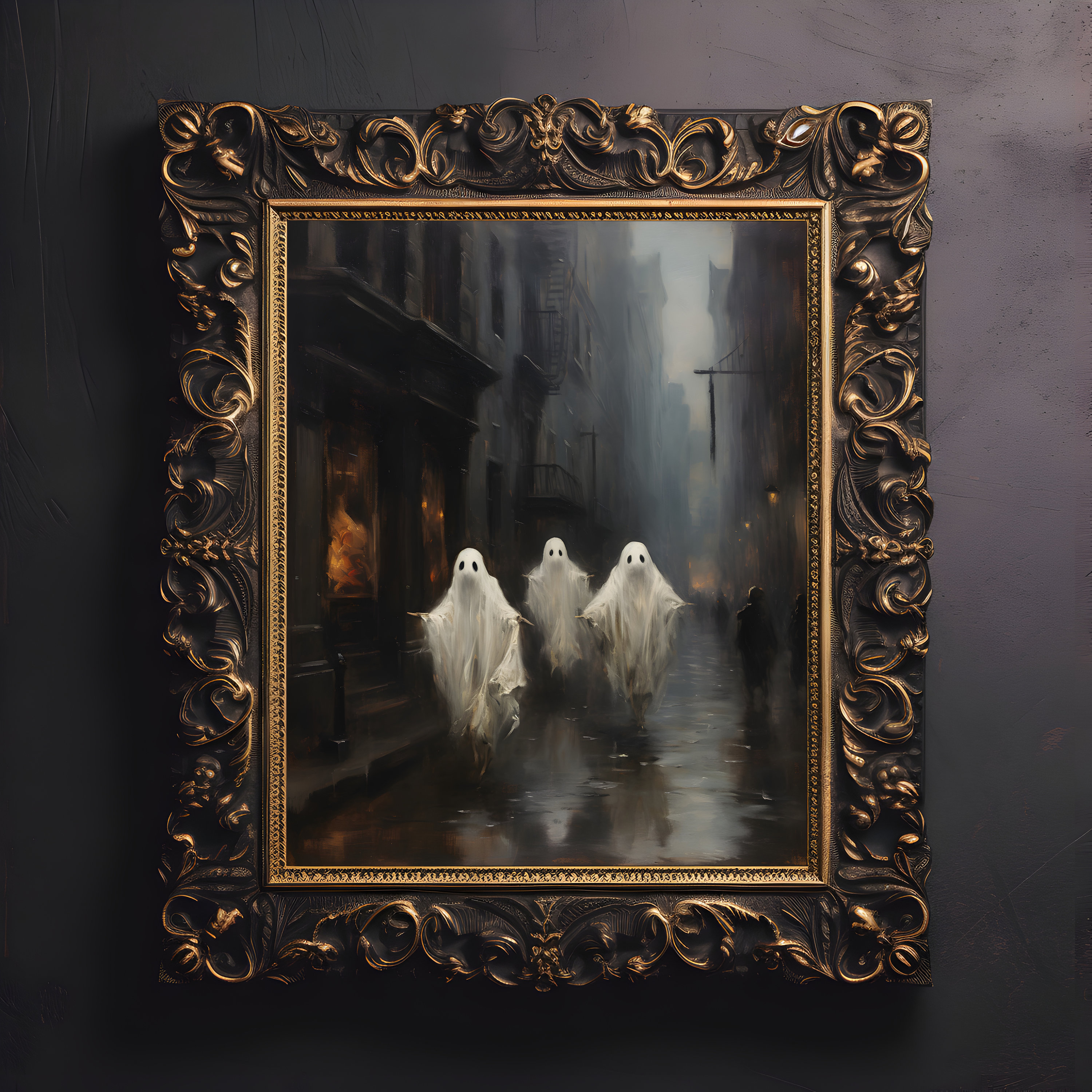Ghosts Walking on the Street Poster, Sheeted Ghost Print, Cute