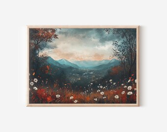 May include: A painting of a mountain landscape with a blue sky and white clouds. The mountains are in the background and there are trees and flowers in the foreground. The colors are muted and the overall feeling is peaceful.