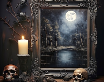 Enchanting Celestial Moon Art Print - Vintage-Inspired - Dark Academia, Dark Cottagecore, Night Sky Painting, Moon Art Print