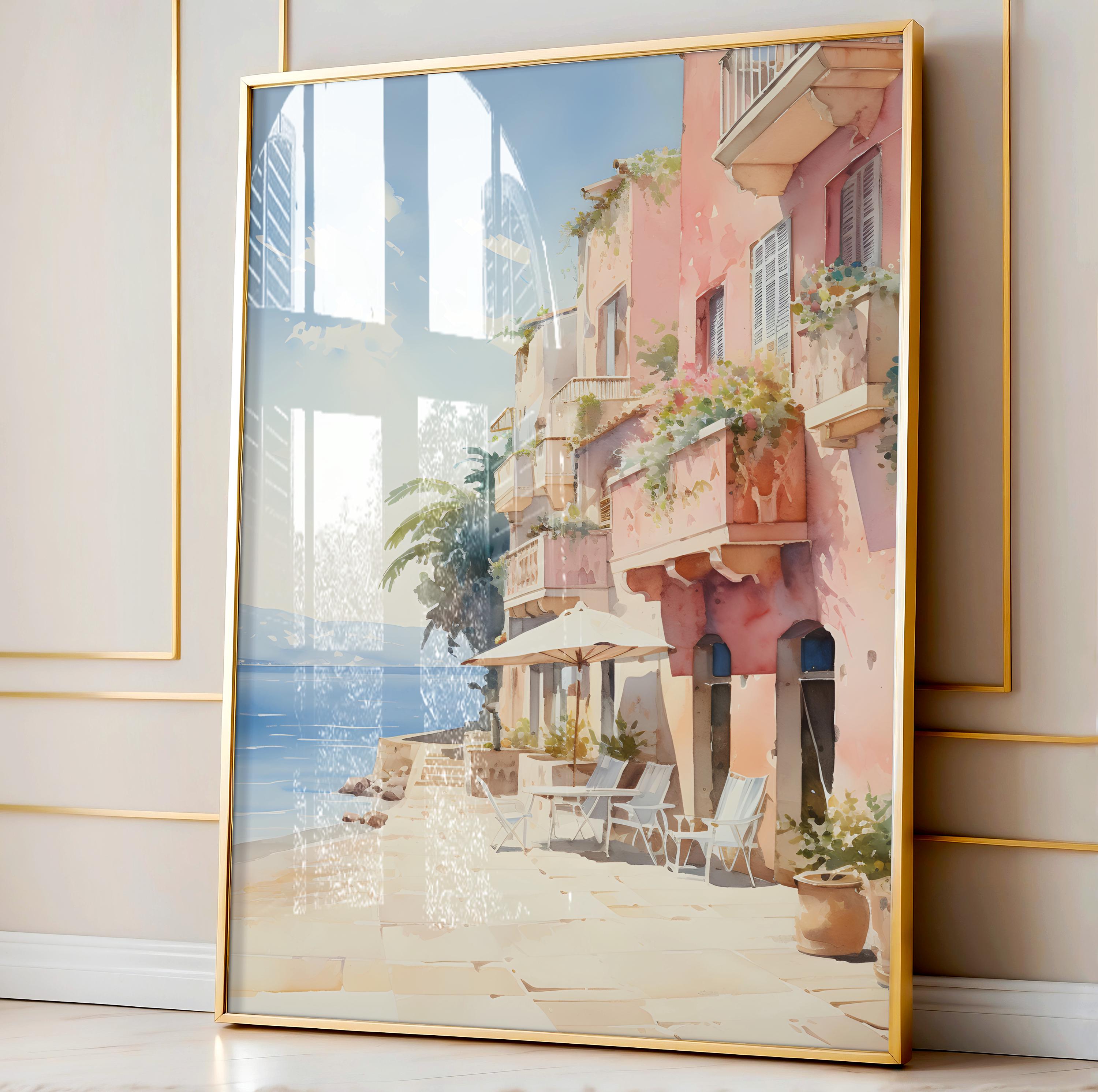Retro European Print | Pastel Pink Aesthetic Wall Art | Vintage Coastal Painting | Bedroom Apartment Decor