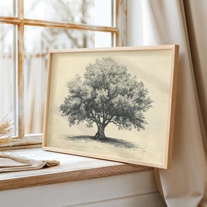 Impresión de boceto de árbol vintage, decoración de granja, arte de pared de árbol, arte de pared de árbol antiguo, arte de pared en tonos azules, arte de pared de naturaleza, dibujo de árbol a lápiz