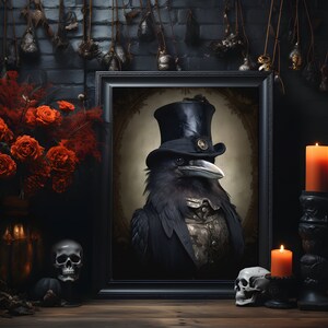 May include: A framed portrait of a black raven wearing a top hat and a waistcoat. The raven is perched on a branch and has a serious expression on its face. The portrait is set against a dark background with red roses and skulls in the foreground.
