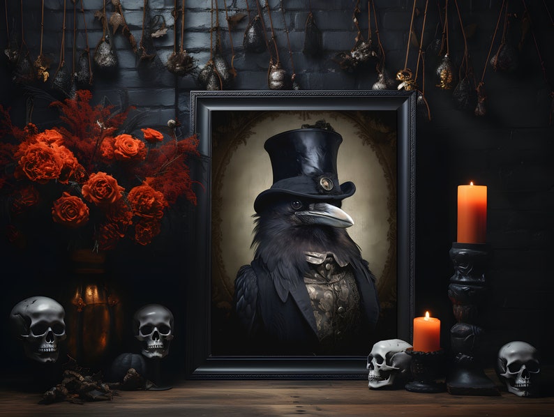 May include: A framed portrait of a black raven wearing a top hat and a waistcoat. The raven is perched on a branch and has a serious expression on its face. The portrait is set against a dark background with red roses and skulls in the foreground.