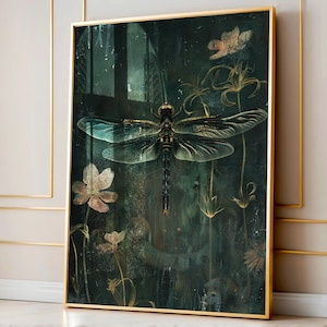 William Morris Inspired Gothic Botanical Dragon Fly Art Prints Dark Cottagecore Decor Goth Gift Wall Art Gallery Wall Art Dark Moody Art