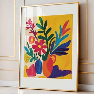 Matisse Print Inspired Wall Art, Orange Blue Yellow Abstract Wall Art, Boho Wall Art, Matisse Print, Horizontal Flowers Art Print